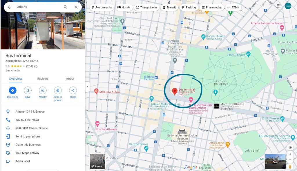 Screenshot of Google Maps showing the location of the KTEL bus terminal. Location is circled.